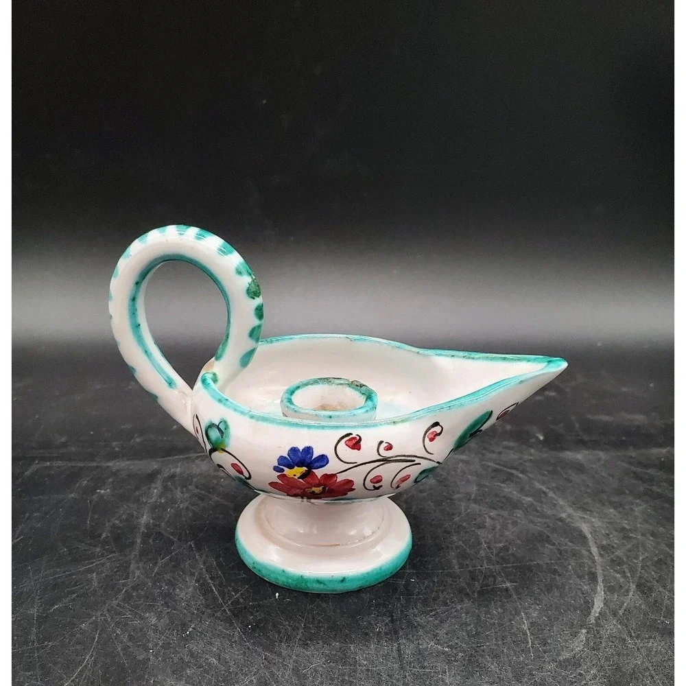 Vintage PV (Peasant Village) Italy Deruta Blue/Green Candlestick Handle 5